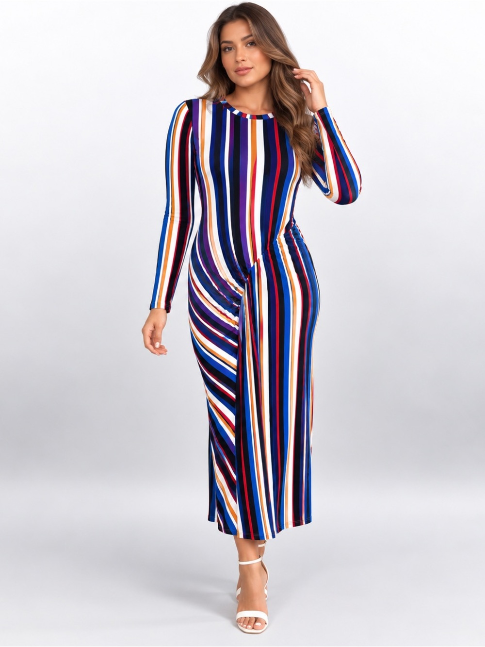 ZARA Collection Striped Ribbed Knit Ruched Maxi Dress Blue Red Orange L
